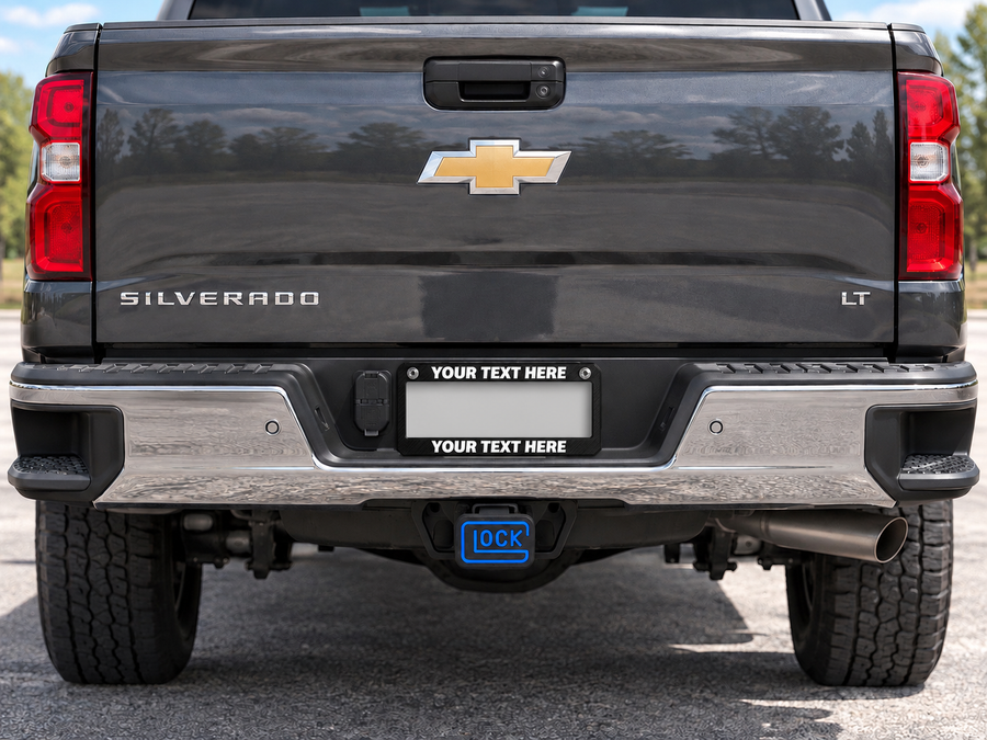 Custom license plate frame shown on Chevrolet Silverado